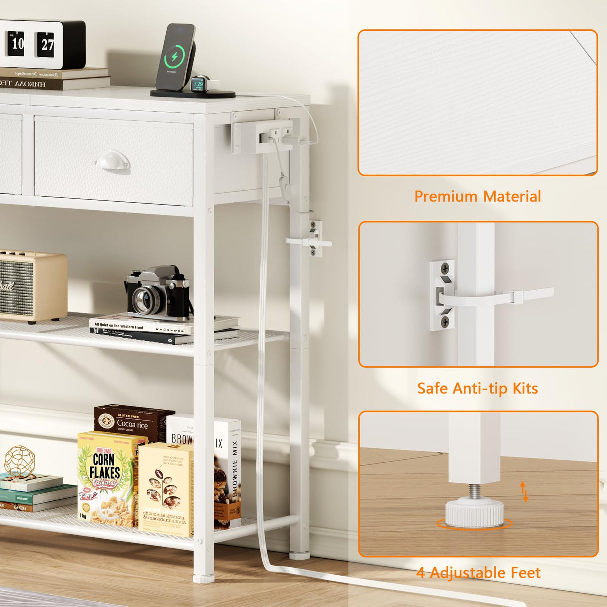 Furologee White Console Table with Charging Station & 3 Fabric Drawers, 38'' Entryway Table with Storage Shelves and LED Light, Industrial Foyer Table for Entry Way, Display Shelf for Hallway Furologee