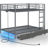 Rolanstar Metal Bunk Bed Full Over Full with USB Charging Station, LED Bunk Bed with 2 Storage Drawers, Bed with Safety Guardrail & Ladders, No Box Spring Needed, Easy Assembly, Grey Rolanstar