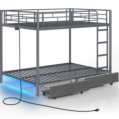 Rolanstar Metal Bunk Bed Full Over Full with USB Charging Station, LED Bunk Bed with 2 Storage Drawers, Bed with Safety Guardrail & Ladders, No Box Spring Needed, Easy Assembly, Grey