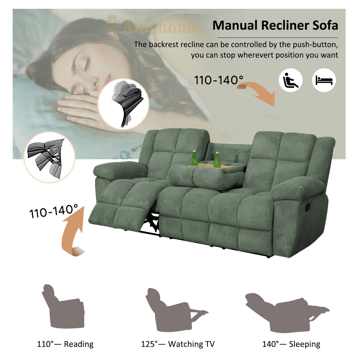 A Ainehome Manual Recliner Sofa Set, Corduroy Recliner Chair, Modern Loveseat Sofa, Modern Reclining Sofa Couch and Recliner Couches for Living Room/Office(Sofa+Loveseat, Green) A Ainehome