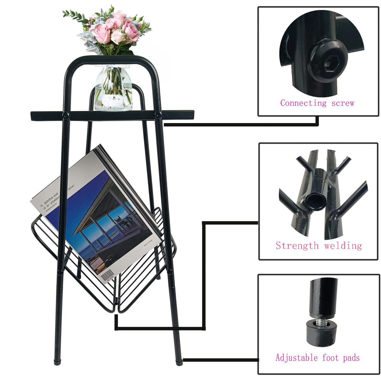 Jbikao End Table, Metal Nightstand, Record Player Table with Magazine Holder, Record Player Stand with Storage, Side Table for Living Room, Bedroom for Small Spaces, Black Jbikao