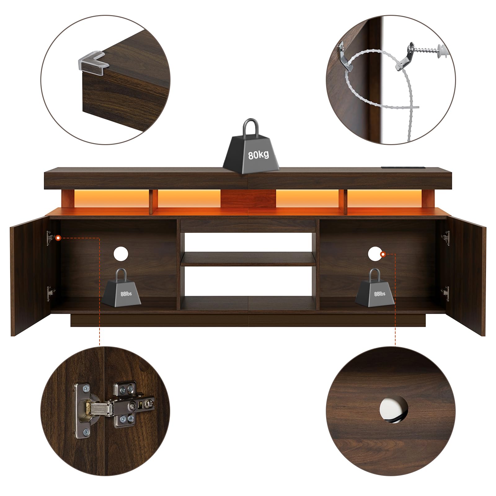 HOMMPA LED TV Stand with Power Outlets for up to 70" TV Modern Entertainment Center with Storage, Gaming TV Consoles with LED Lights Game Cabinet for Living Room Walnut - WoodArtSupply