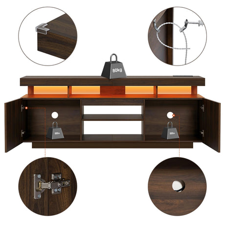HOMMPA LED TV Stand with Power Outlets for up to 70" TV Modern Entertainment Center with Storage, Gaming TV Consoles with LED Lights Game Cabinet for Living Room Walnut HOMMPA