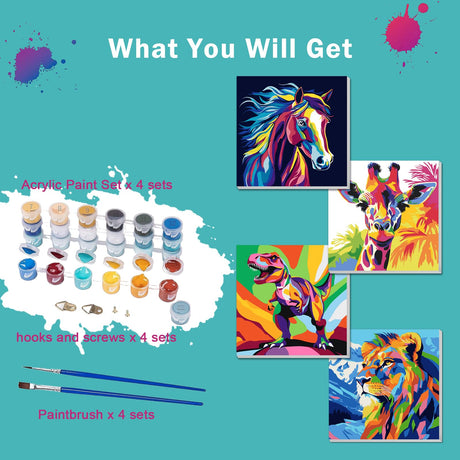 4 Pack Paint by Numbers Kit for Kids, Horse Color By Number Painting Kits for Kids Ages 8-12 Dinosaur Paint by Numbers with Framed Canvas Children DIY Paints by Number Kits for Beginners 8x8 Inch AILIBUT
