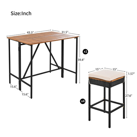 5-Piece VilroCaz Outdoor Acacia Wood & Wicker Counter Height Dining Set with Cushioned Stools VilroCaz