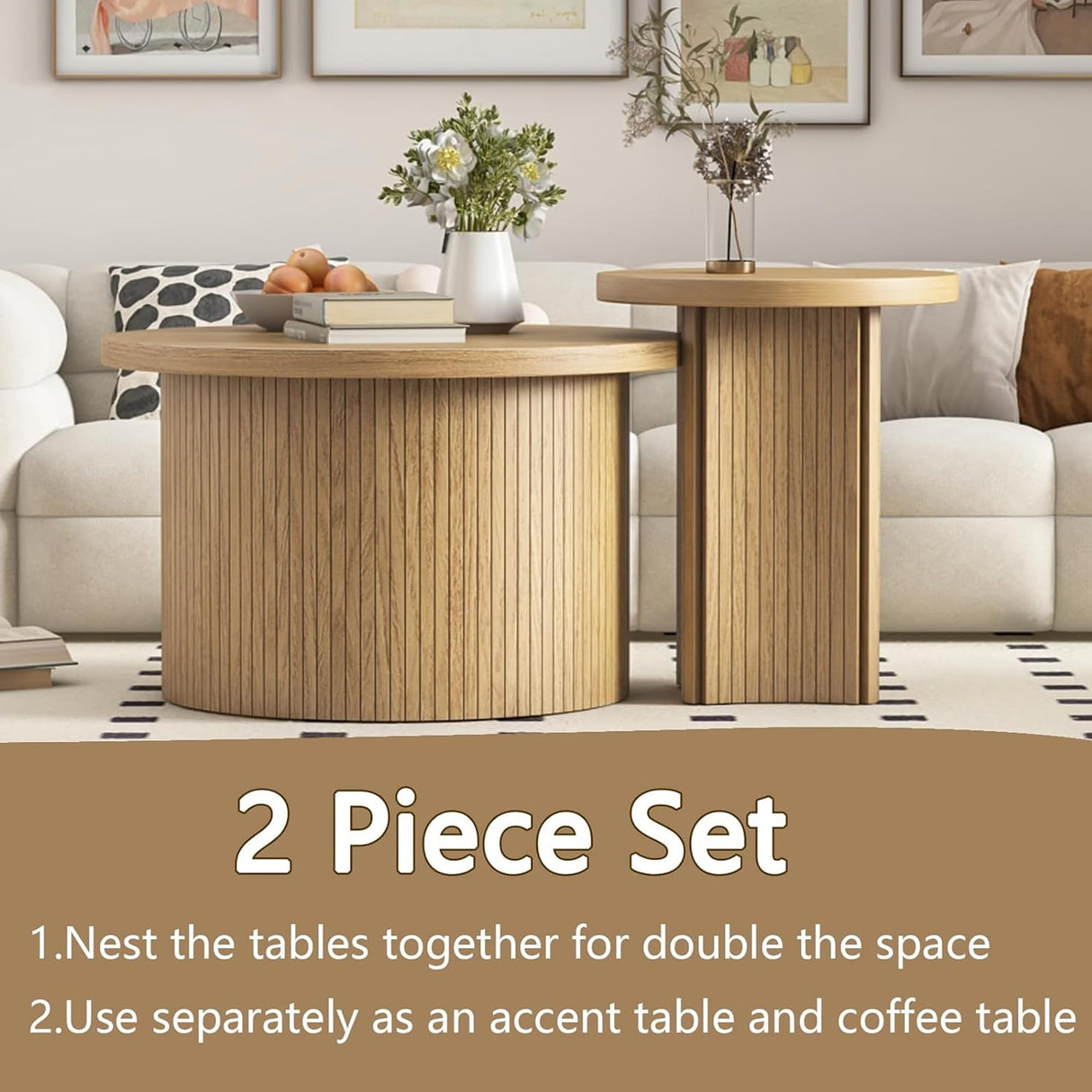 Set of 2 Nesting Coffee Tables Farmhouse,Round Coffee Tables Living Room,Wood Finish Coffee Table Set,Small Coffee Table,Sofa Side Living Room Bedroom Coffee Table Side Table (Large Size - Set) Mxtxmy