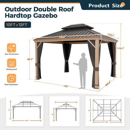 HAPPATIO 10' x 12' Hardtop Gazebo, Outdoor Wood Grain Frame Aluminum Gazebo, Double Roof Permanent Patio Gazebo Canopy with Netting and Curtains for Garden, Patio, Lawns, Parties (Grey) - WoodArtSupply