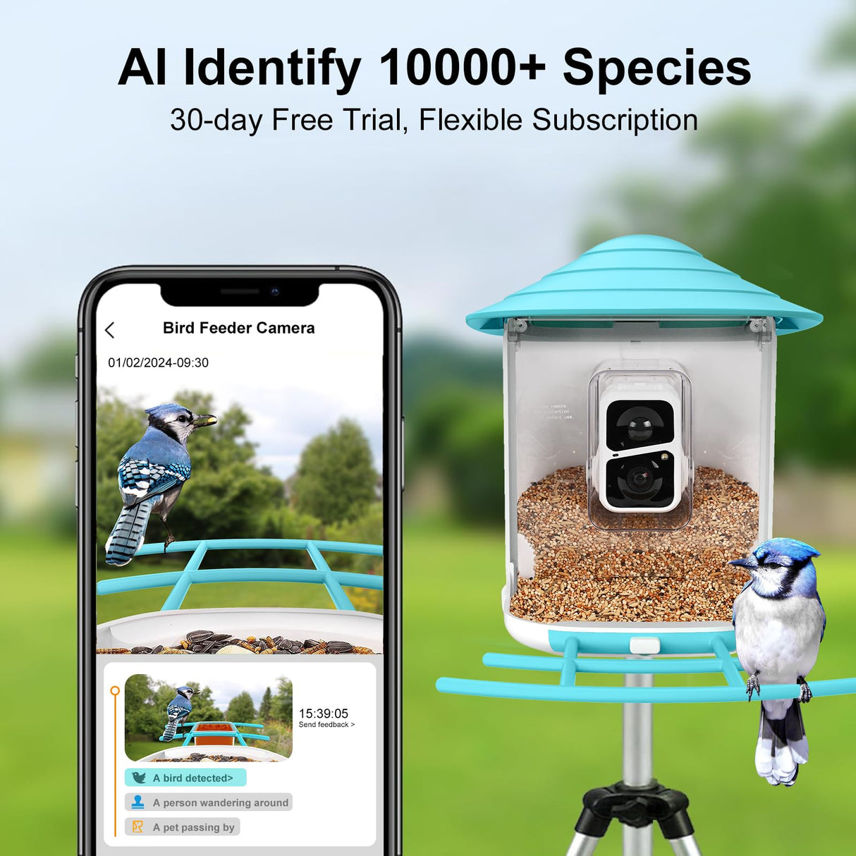 birdsnap Smart Bird Feeder with Camera+Solar Panel 64G SD Card 6-in-1 Perch, 160°View Auto Capture Bird Videos 1080P, AI Identify 10000+ Species Bird birdsnap