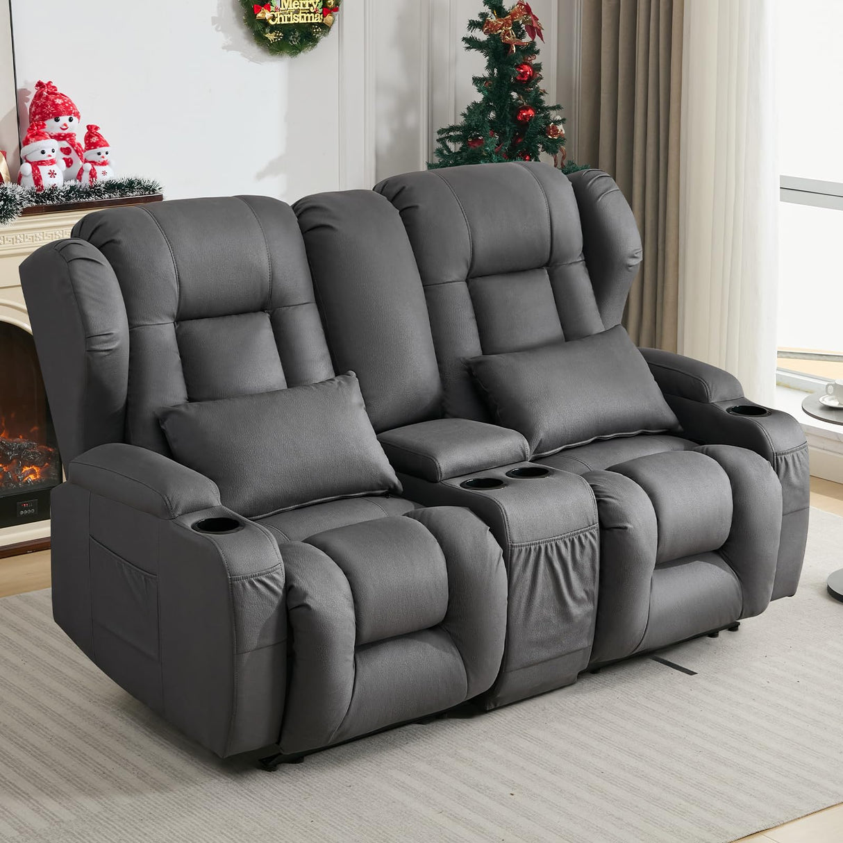 SAMERY 65.5" RV Loveseat Recliner Double Recliner RV Sofa & Console | Wall Hugger Loveseat Reclining RV | RV Theater Seats | RV Couch | RV Home Theater Seating Furniture (Fabric Gray) SAMERY