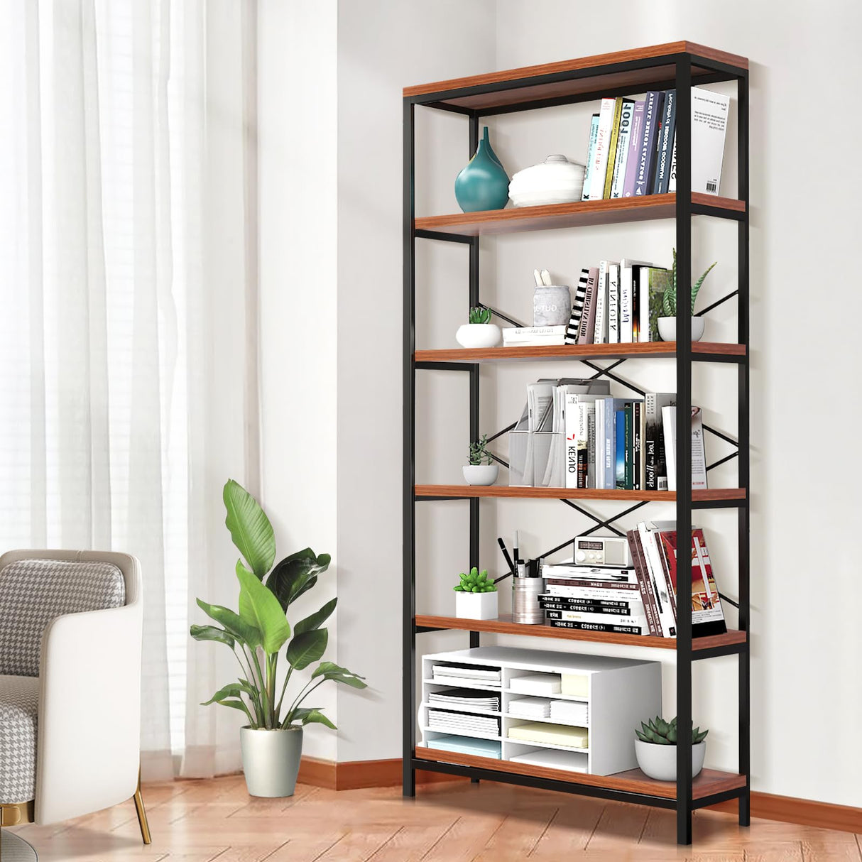 Himimi 6 Tier Industrial Bookshelf, Vintage Standing Storage Shelf, Display Shelving Units, Tall Bookcase, Industrial Metal Book Shelves for Living Room Bedroom and Home Office Himimi