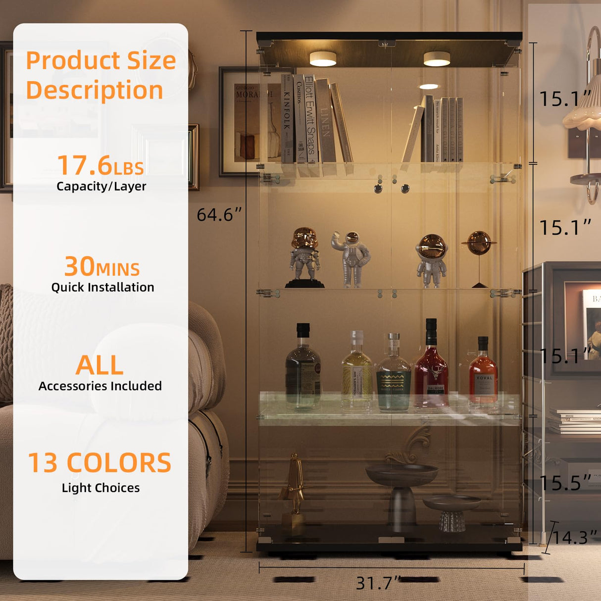 FANYUSHOW Glass Display Cabinet with LED Light, 2 Doors and Lock, Quick-Install Style 4-Shelf Curio Cabinet 5mm Tempered Glass Bookshelf for Living Room, Bedroom, 65" H x 32''L x 14''W (Black) FANYUSHOW