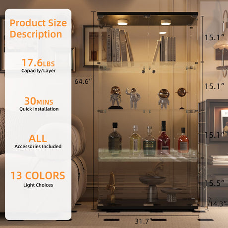 FANYUSHOW Glass Display Cabinet with LED Light, 2 Doors and Lock, Quick-Install Style 4-Shelf Curio Cabinet 5mm Tempered Glass Bookshelf for Living Room, Bedroom, 65" H x 32''L x 14''W (Black) FANYUSHOW