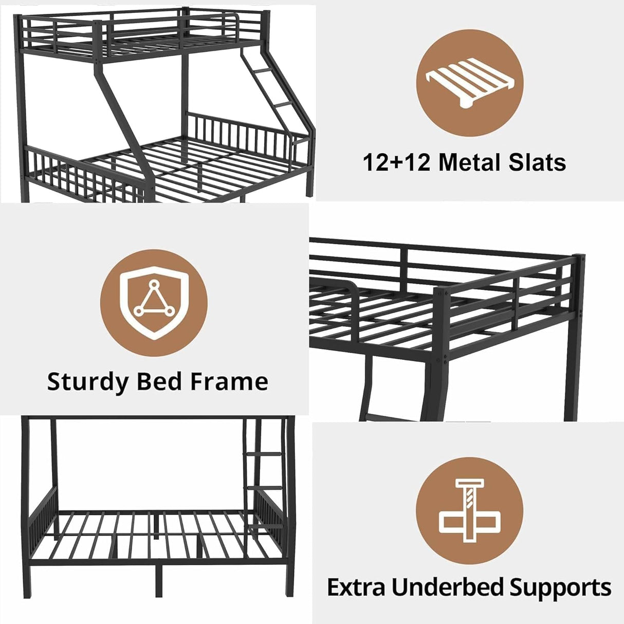 Twin XL Over Queen Bunk Beds for Adults and Teens, Heavy-Duty Metal Bunk Bed Frame with Ladder and Slats Support for Boys Girls,Space-Saving Design,Noise Reduced,Black MoproBeti