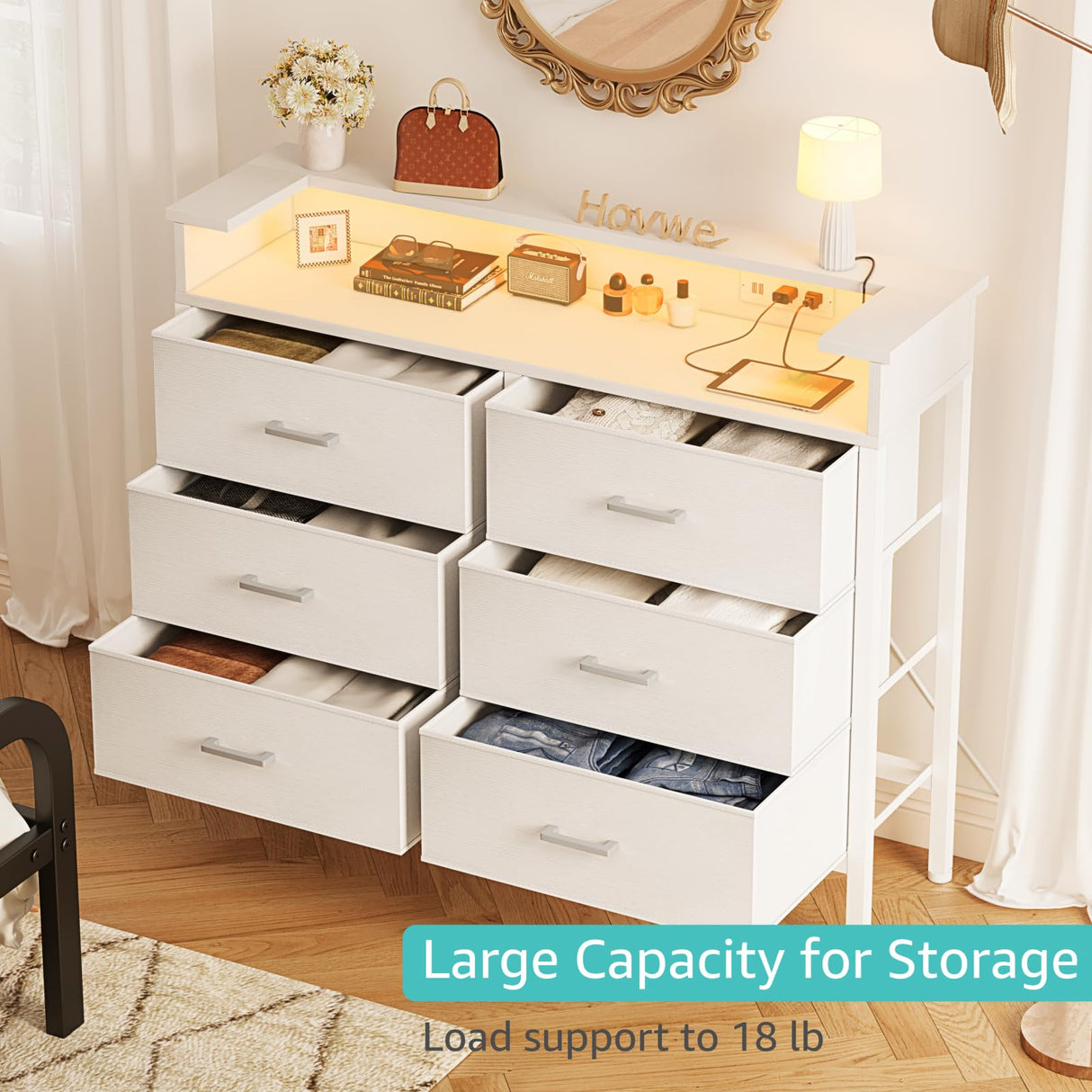 BOLUO White Dresser with LED Light and Charging Station for Bedroom 6 Drawer Dresser with USB Outlet, Dressers & Chests of Drawers Fabric Dresser for Closet Modern BOLUO
