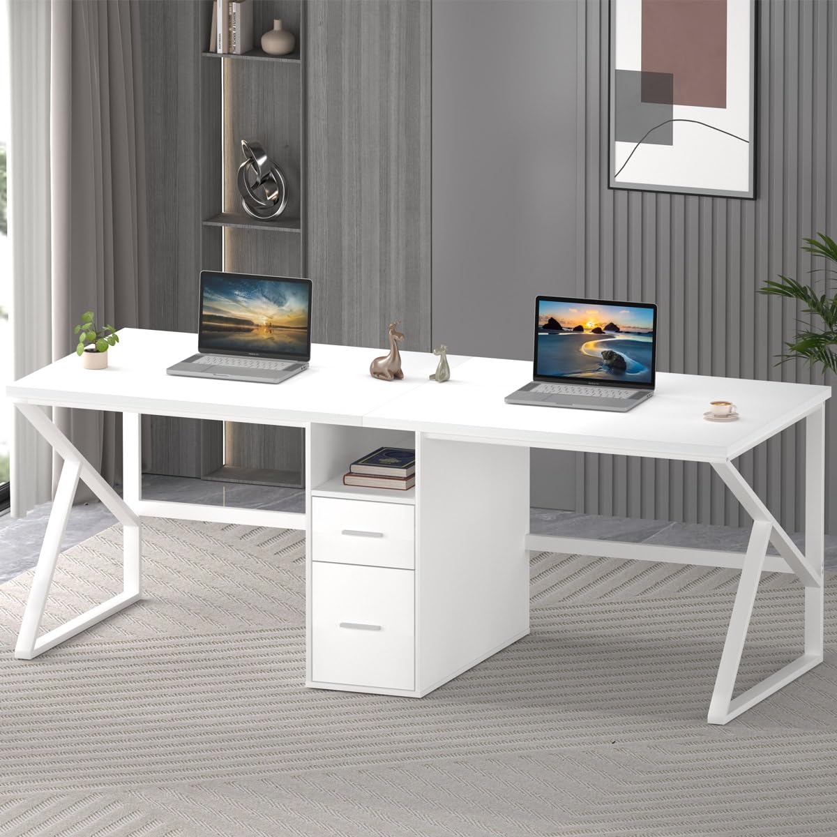 IBF White Two Person Computer Desk, Long Wood Writing Study Desk with File Drawer, Modern Large Dual Office Desk with Storage Cabinet Shelf, 2 Person Farmhouse Work Executive Double Computer Table, 79 IBF