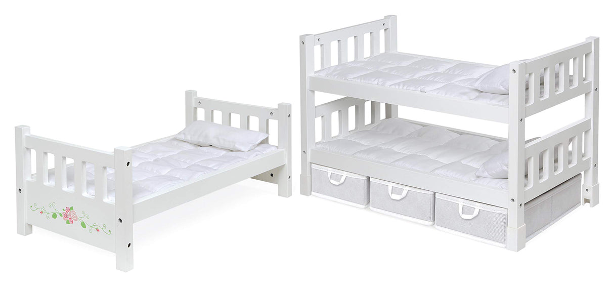 Badger Basket 1-2-3 Convertible Doll Bunk Bed with Bedding and Storage Baskets – Elegant White and Rose Design for 18 to 20-Inch Dolls Badger Basket