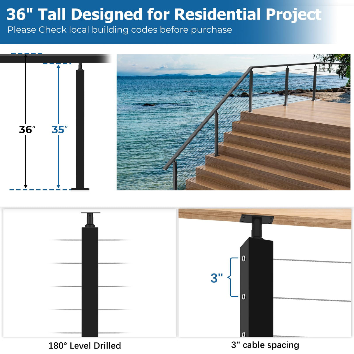 Zylorix 36" SS316 Cable Railing Post Level Drilled for Coastal Indoor Outdoor, 35"x2"x2" Stainless Steel Adjustable Top Post with Cable Grommets, DIY Cable Railing for Wood Concrete Deck, Black Zylorix