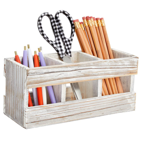 Juvale Rustic-Style Desk Pencil Holder with 3 Compartments - Farmhouse Decor and Wooden Organizer for Pen and Office Accessories Juvale