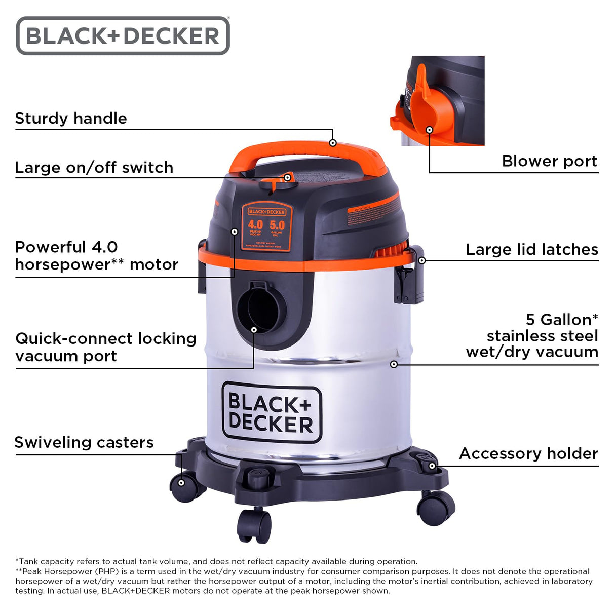 BLACK+DECKER 5 Gallon Shop Vacuum Wet and Dry, 4.0 Peak HP, Stainless Steel Tank, Shop Vac with Accessories for Home, Pet, Workshop and Car(BDXV18143) BLACK+DECKER