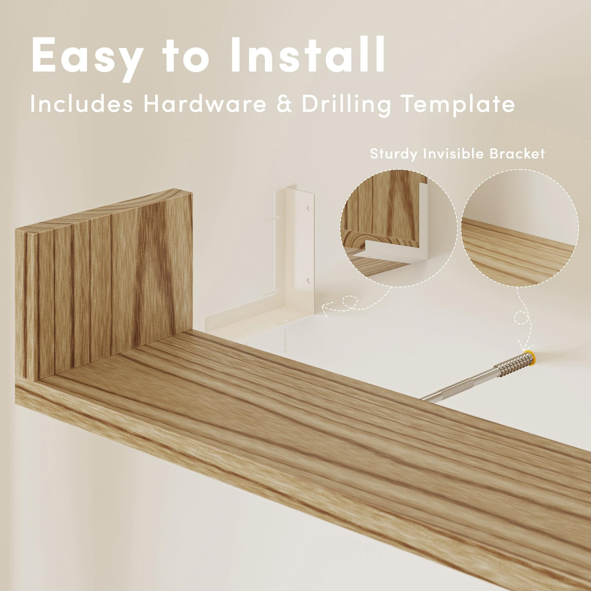 VMROF Wall Bookshelf, Set of 3, 36 Inches U Shaped Wall Shelves, Long Deep Floating Shelves, Large Floating Book Shelves - Wood Hanging Bookshelves for Kitchen, Bedroom (Light Brown, 35.4 Inches) VMROF