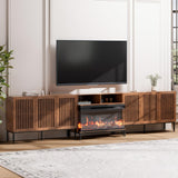 BVIUNTWO 3-Sided Glass Farmhouse Fireplace TV Stand for TVs Up to 110 Inch, Entertainment Center with 36" Electric Fireplace, Brown TV Console with Storage Cabinets for Living Room BVIUNTWO