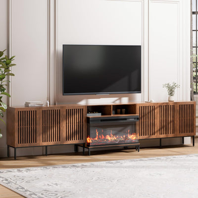 BVIUNTWO 3-Sided Glass Farmhouse Fireplace TV Stand for TVs Up to 110 Inch, Entertainment Center with 36" Electric Fireplace, Brown TV Console with Storage Cabinets for Living Room