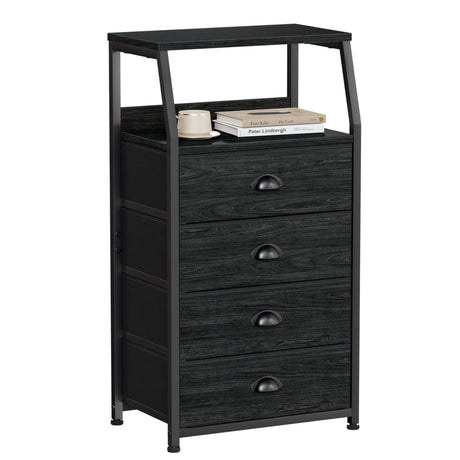 Furnulem Tall 4 Drawers Dresser, Vertical Storage Tower Black Dresser for Bedroom, Hallway, Entryway, Nursery, Closet Organizer, Nightstand Bedside Table Furniture, Sturdy Steel Frame, Wood Top Furnulem
