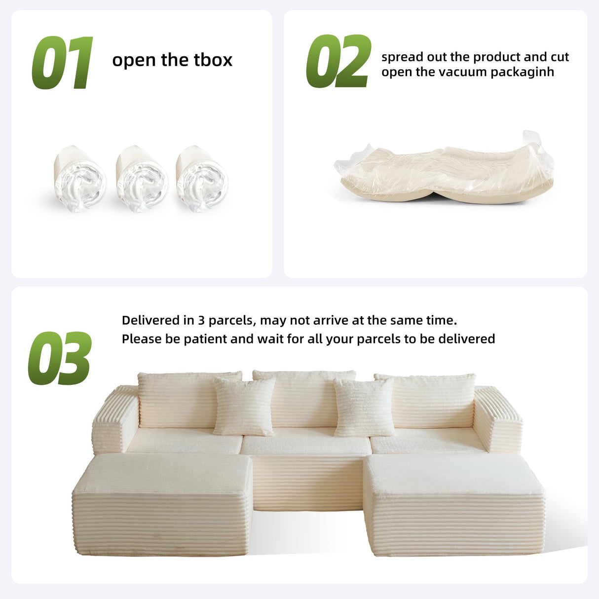 110" Modular Sectional Couch with 2 Movable Ottoman, Cloud Sofa Couches for Living Room, U Shaped Deep Seat Boneless Sofa,Luxury Corduroy Fabric, No Assembly Required White Veloflow