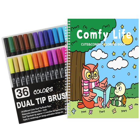 Suroret Cartoon Coloring Book Set, Spiral Bound Coloring Book with 36 Colors Markers, Relaxation Anxiety Relief Gifts with 30 Patterns for Adults Suroret