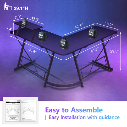 Mr IRONSTONE L Shaped Gaming Desk Corner Computer Desk, Home Office Desks Writing Workstation with Large Monitor Stand, Easy to Assemble (Black,51 Inch) - WoodArtSupply