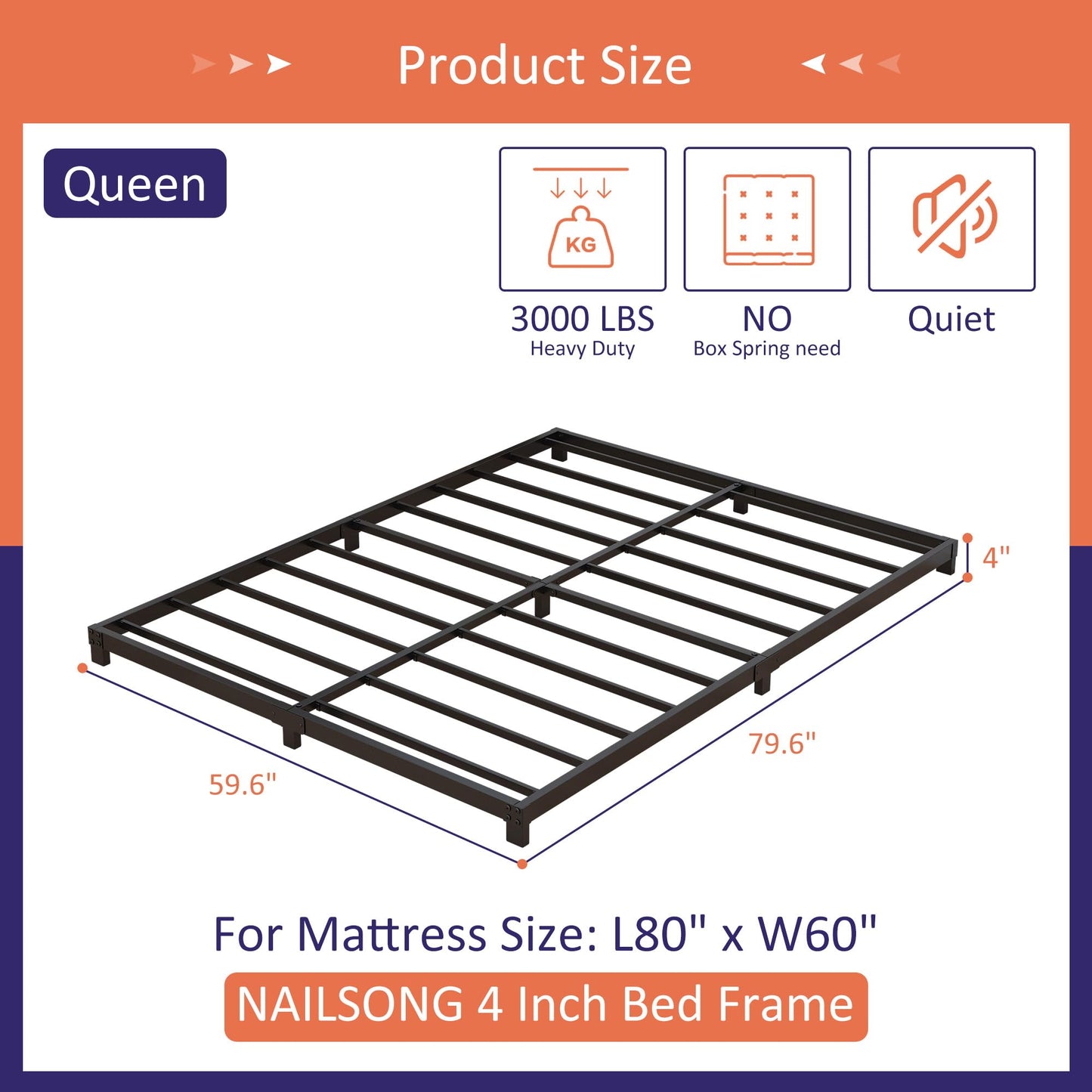 Nailsong 4 Inch Low Profile Queen Bed Frame - Heavy Duty Metal, No Box Spring Needed, Easy Assembly, Black - WoodArtSupply