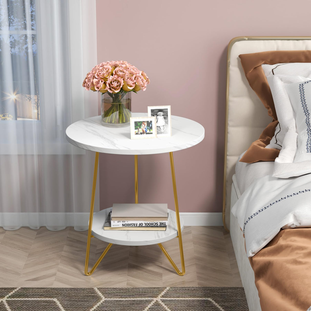 Tribesigns Faux Marble End Table, 2 Tier Round Side Table with Shelves, Modern Gold Nightstand Bedside Table Small Coffee Accent Table for Living Room Bedroom, White and Gold Tribesigns