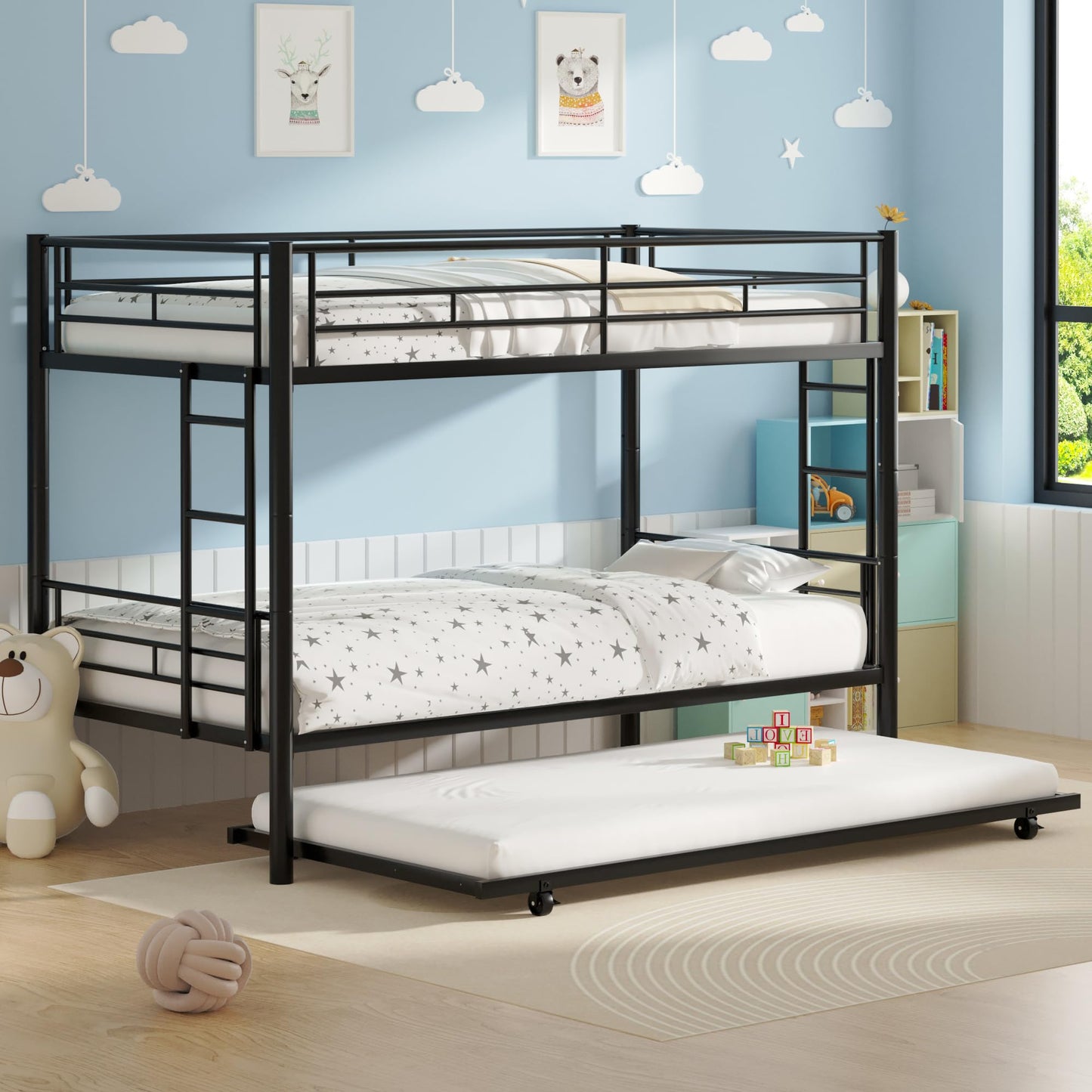 VECELO Twin Over Twin Bunk Bed with Trundle, Metal Bunkbeds with Ladder and Full-Length Guardrail, Noise Free, No Box Spring Needed, Black