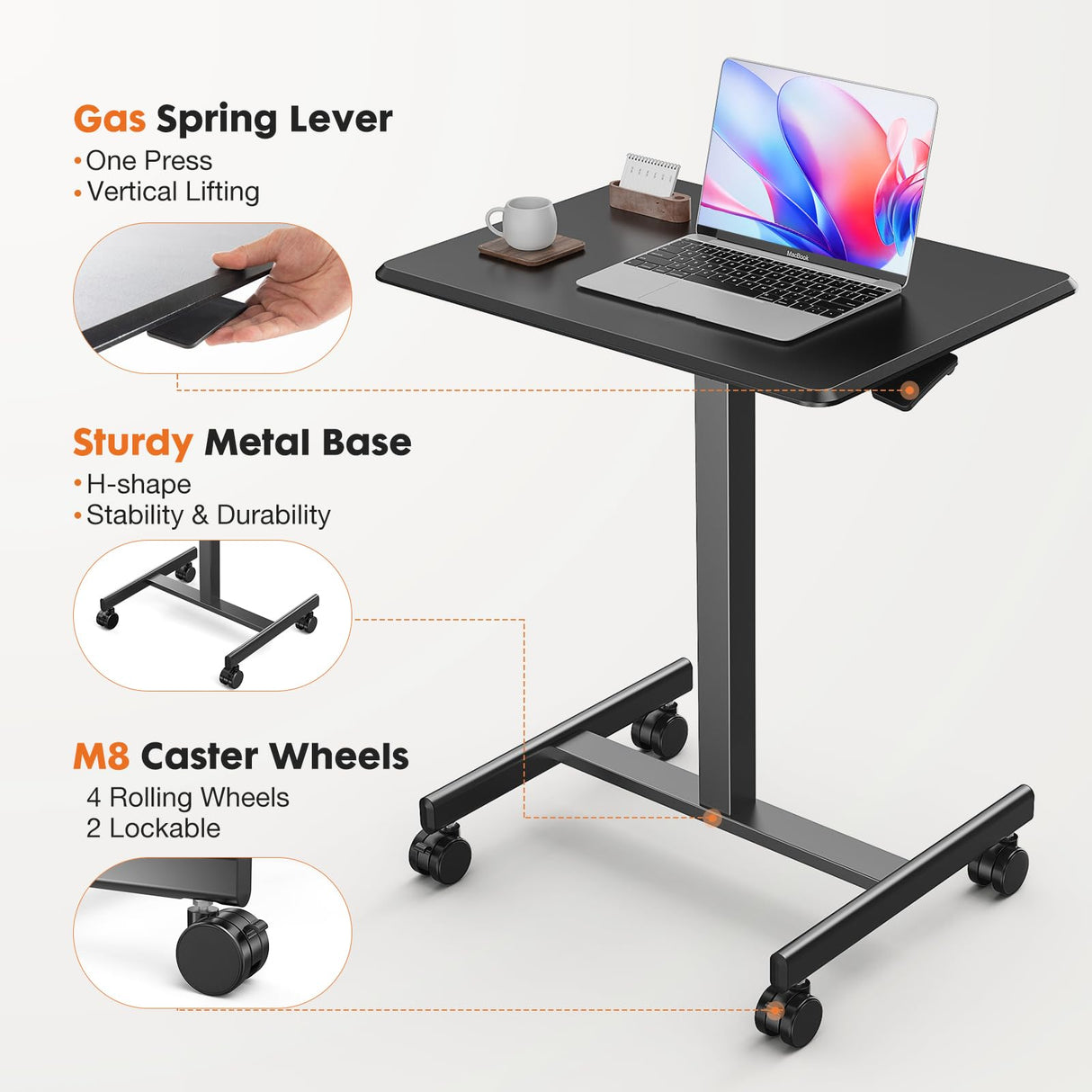 Sweetcrispy Mobile Small Standing Desk - Sit Stand Portable Rolling Laptop Desk with Lockable Wheels, Adjustable Height Computer Workstations, Modern Black Sweetcrispy