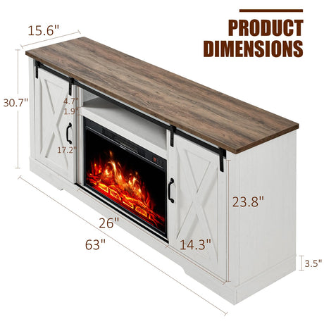 AMERLIFE Fireplace TV Stand with Sliding Barn Door for TVs up to 73", Farmhouse 63" Fireplace Entertainment Center with Storage Cabinets/Adjustable Shelves, Distressed White & Barnwood AMERLIFE