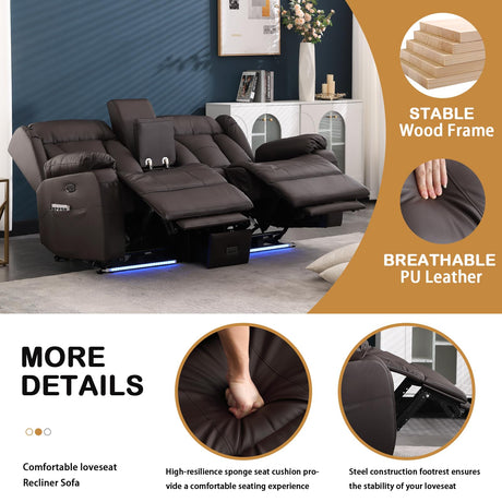DUNELLA 66" Power Loveseat Recliner Sofa, Home Theater Seating with Console, Electric Recliner RV Sofa with USB/USB-C/Storage/Side Pocket/LED Light for Travel Trailers(Brown) DUNELLA