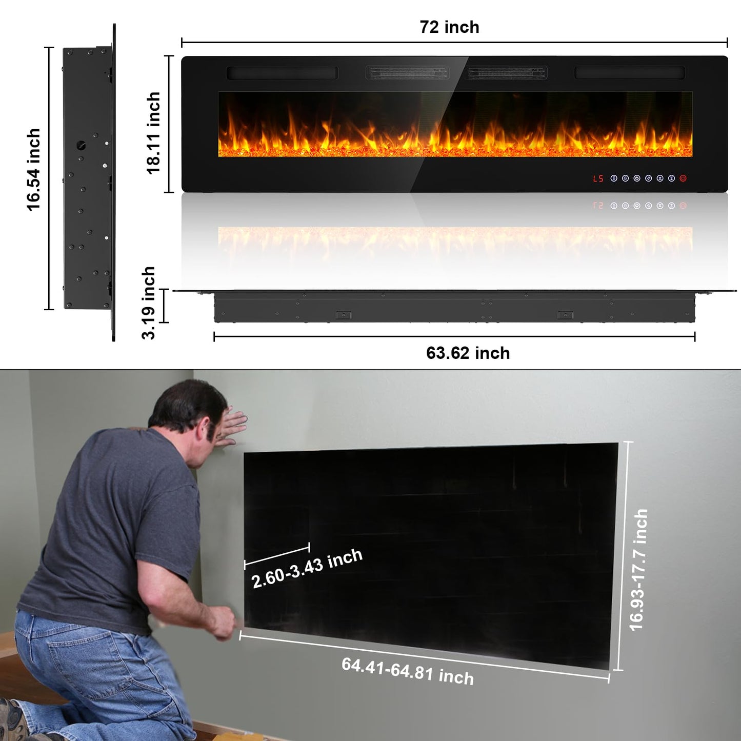 BREEZEHEAT 72 inch Electric Fireplace Wall Mounted/Freestanding-Ultra Thin Fireplace Inserts for Living Room with Double Heat Vent, Remote Control, Touch Screen, Led Flame, 8H Timer, 750w/1500w