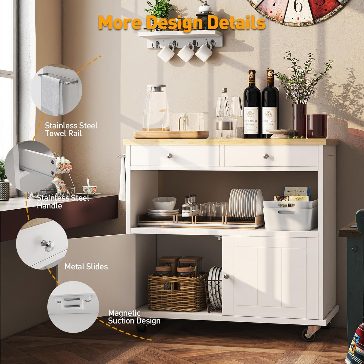 knoworld Rolling Kitchen Island with Storage Cabinet, 35.4'' Width Kitchen Cart, 2 Drawers Island Table, Portable Mobile Kitchen Island with Towel Rack, Wood Top and Lockable Wheels, White knoworld