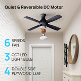Consciot 52 Inch Ceiling Fan With Lights, Modern Black Ceiling Fan, Remote Control, Quiet Reversible DC Motor, Flush Mount, Dimmable 3CCT LED Light, Double Finish Blade, For Indoor Bedroom Living Room Consciot