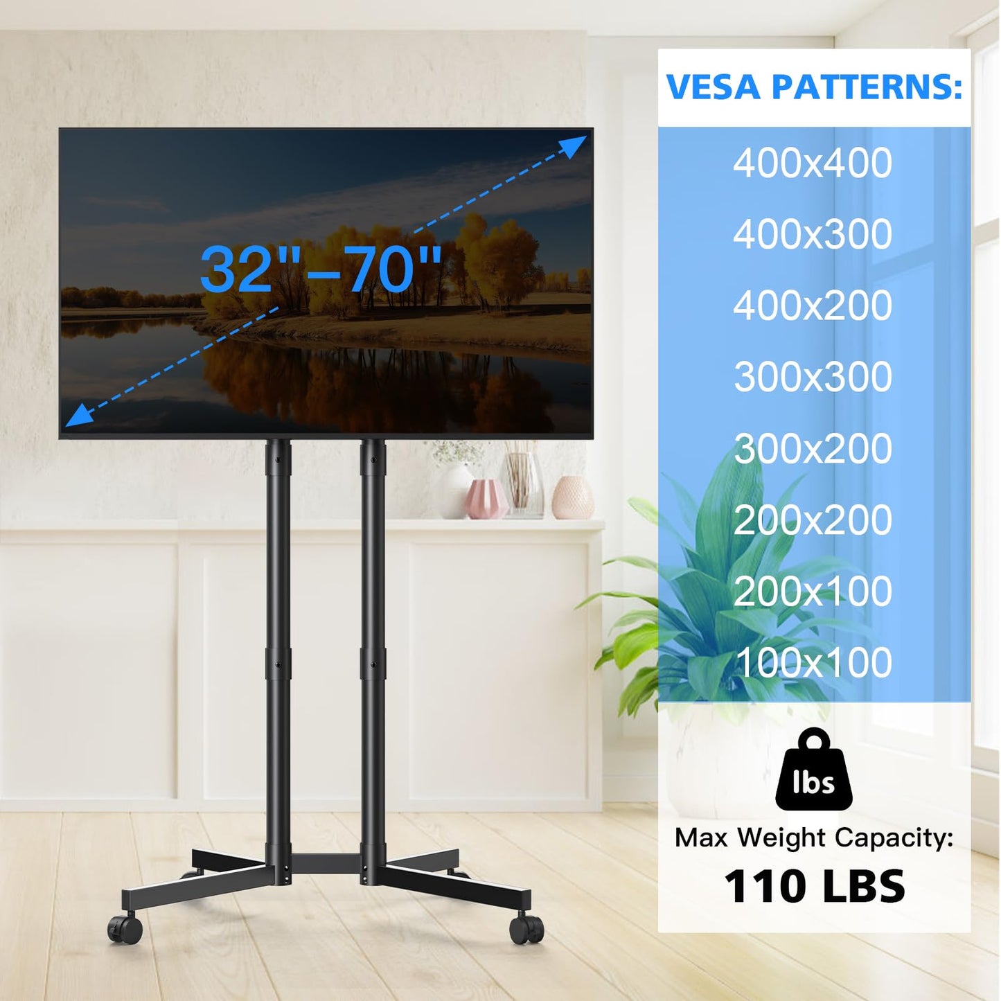 JANSNIMEN Rolling TV Stand, Mobile TV Cart for 32-70 Inch LCD LED Flat & Curved TVs, Height Adjustable Floor TV Stand with Wheels, Outdoor Portable TV Stand Holds up to 110 lbs, Max VESA 400x400mm