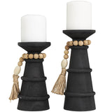 Deco 79 Wood Handmade Decorative Candle Holder Textured Matte Candle Stand with Beaded Garland Accent, Set of 2 Candlestick Holder 10", 8" H, Black Deco 79