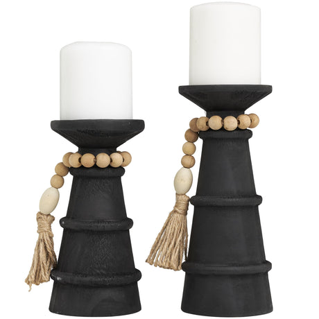 Deco 79 Wood Handmade Decorative Candle Holder Textured Matte Candle Stand with Beaded Garland Accent, Set of 2 Candlestick Holder 10", 8" H, Black Deco 79