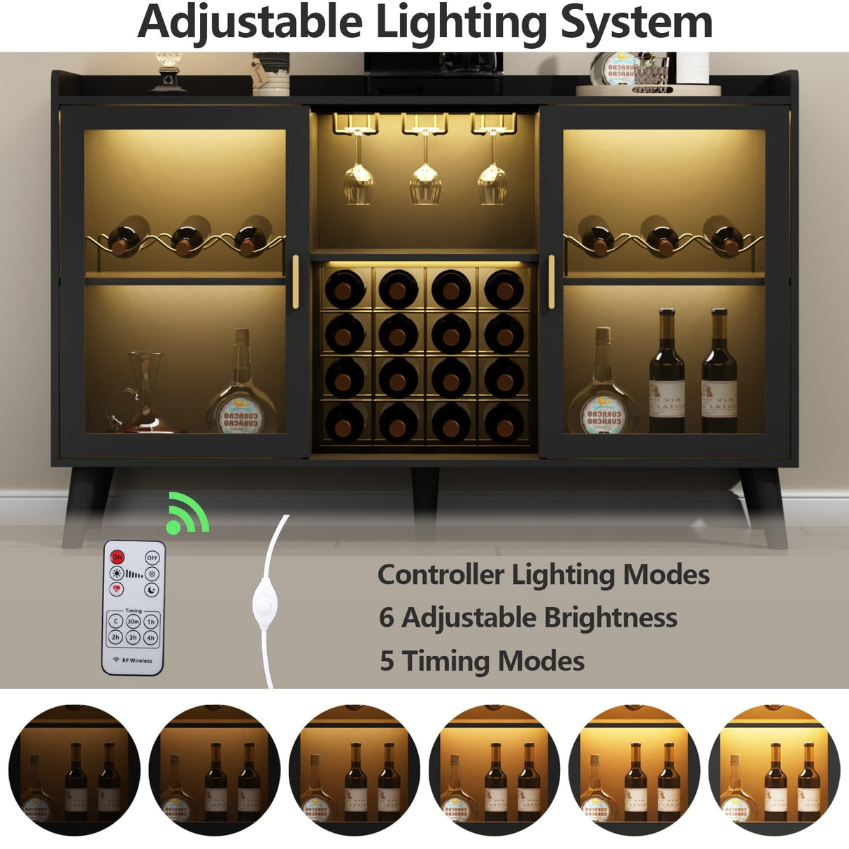 Loomie Wine Bar Cabinet with LED Light, Home Coffee Cabinet with Wine Rack and Glass Holder, Kitchen Buffet Sideboard W Storage Shelf, Freestanding Liquor Cabinet for Living Room, Dining Room (Black) Loomie