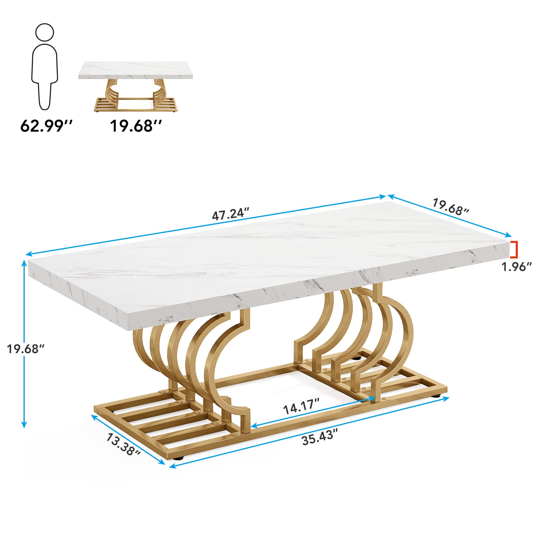 Tribesigns Modern Coffee Table, 47 Inch Faux Marble Cocktail Table with Geometric Frame, Rectangular Center Table Tea Table Accent Furniture for Living Room, Simple Assembly (White/Gold) - WoodArtSupply