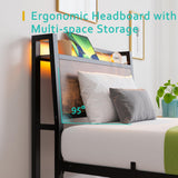 ZGEHCO Twin Bed Frames with Ergonomic Storage Headboard,Metal Platform Bed Frame with Charging Station,LED Bed Frame Twin Size No Box Spring Needed,Heavy Duty Steel Slats,Noise Free,Rustic Brown ZGEHCO