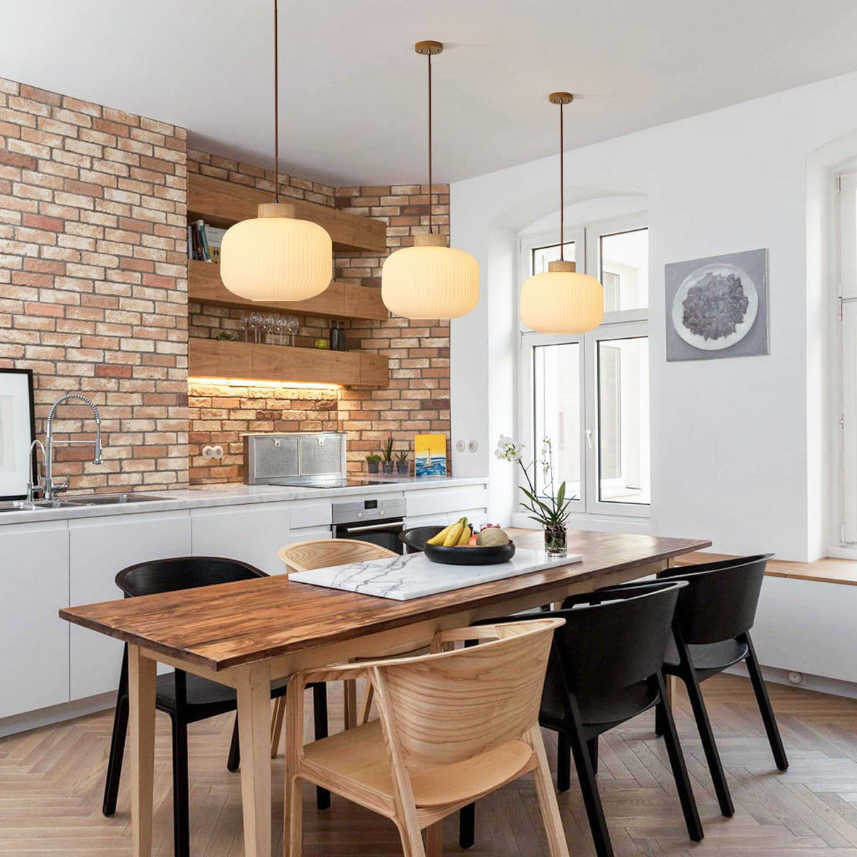 Flyrose Mid Century Modern Large Globe Pendant Light Milk Glass Single Pendant Light White Farmhouse Wood Pendant Lights Kitchen Island Dining Room Light Fixtures Over Table Flyrose