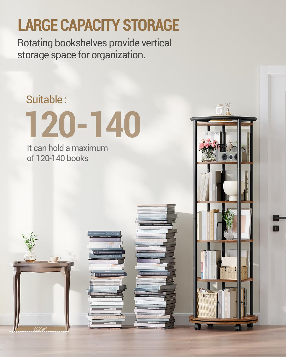 Hzuaneri Rotating Bookshelf, 360° Spinning Bookshelf Tower, Display Revolving Bookcase, Round Book Shelf, Narrow Swivel Bookshelves for Small Space, Bedroom, Living Room, Rustic Brown, BC52101B Hzuaneri