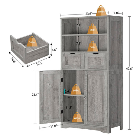 Iwell Tall Storage Cabinet with 2 Drawers & Adjustable Shelves, Bathroom Cabinet with Doors, Cupboard, Floor Cabinet for Living Room, Dining Room, Entryway, Grey Iwell