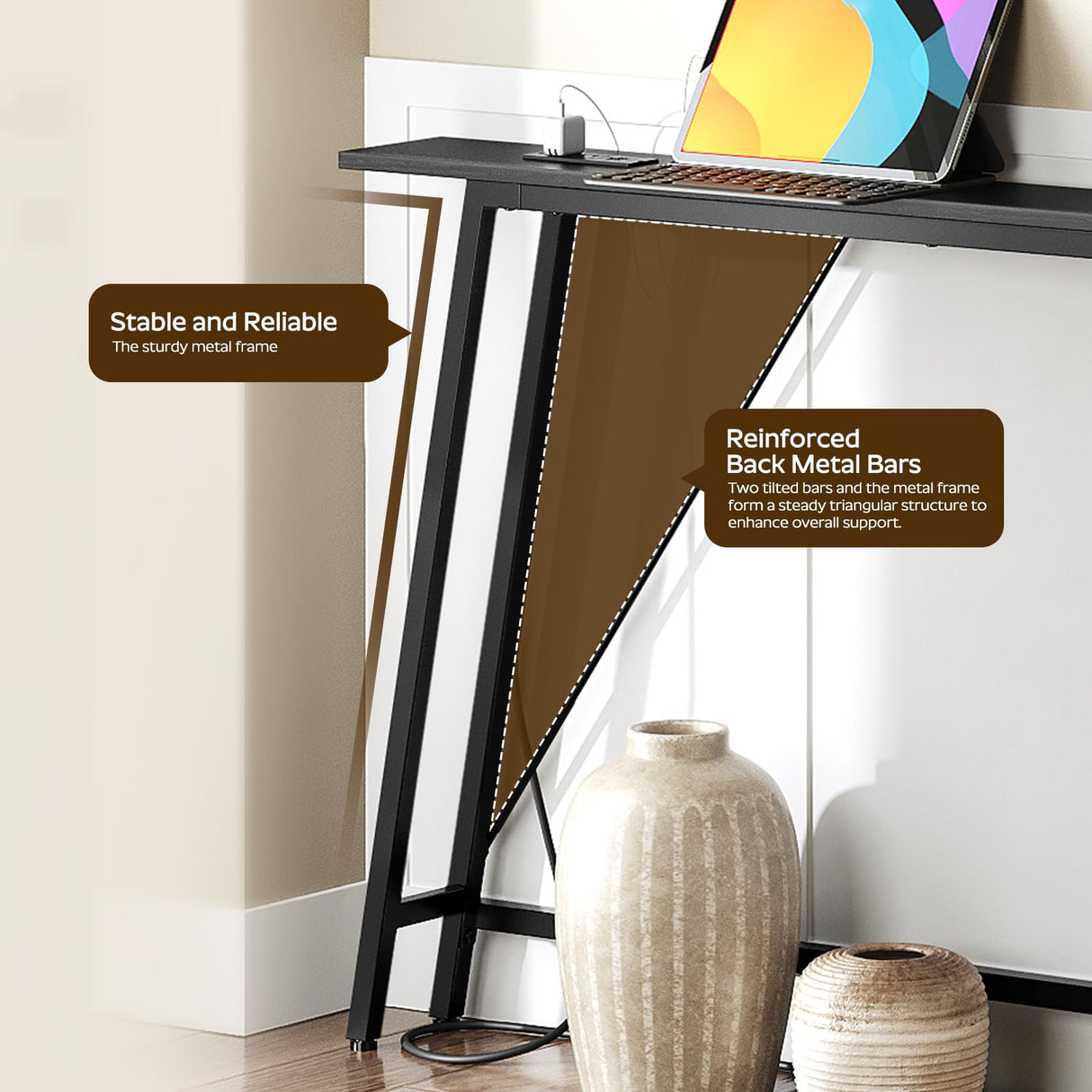 YATINEY 70.9" Skinny Console Table with Power Outlets, 5.9" Sofa Tables Narrow Long, Industrial Behind Couch Table, for Hallway, Entryway, Living Room, Black CT185UBB YATINEY