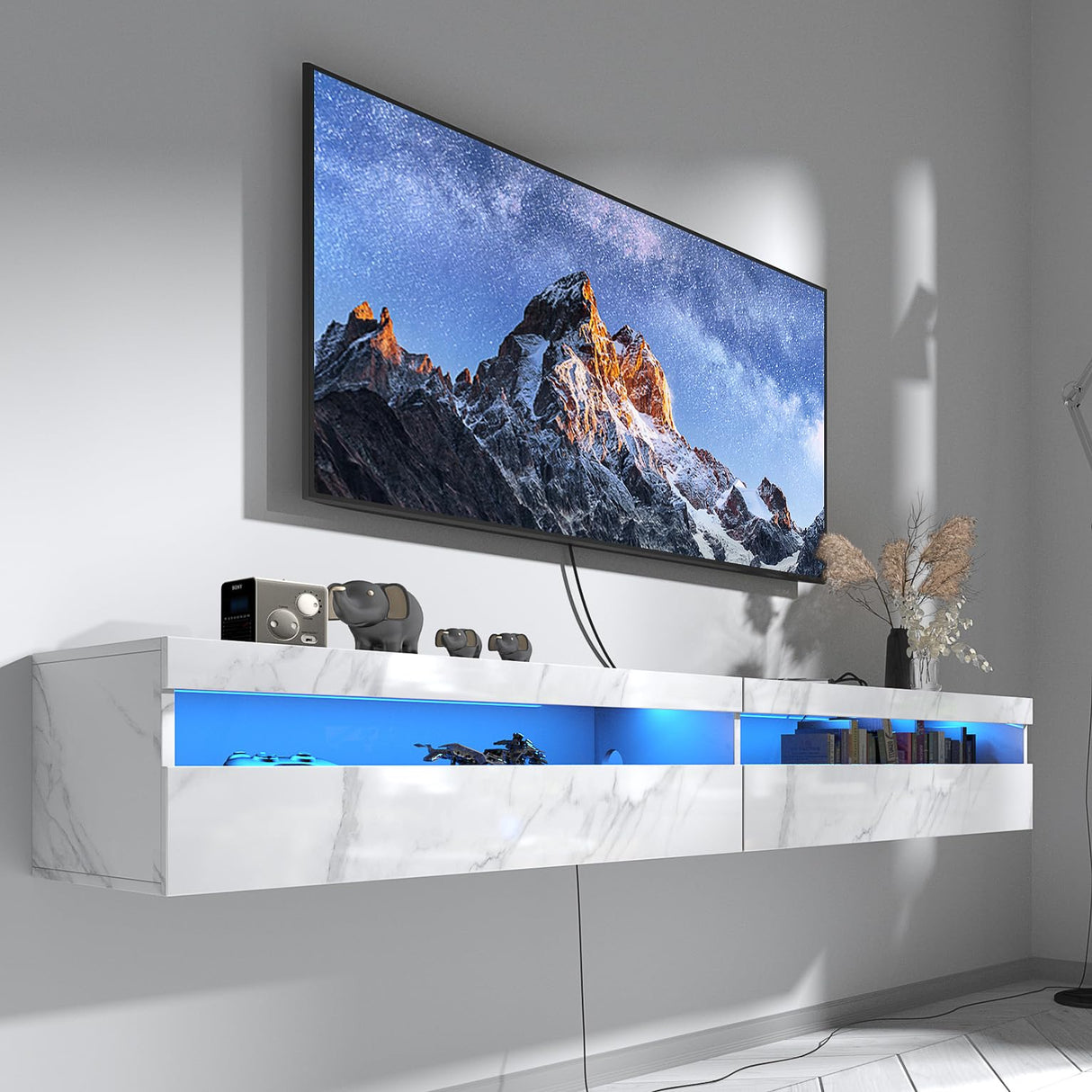 Floating TV Stand Wall Mounted with Power Outlet, Modern Floating Entertainment Center for 80 Inch TV, High Gloss Floating TV Shelf with LED Lights for Living Room, Bedroom, Marble White Doredo